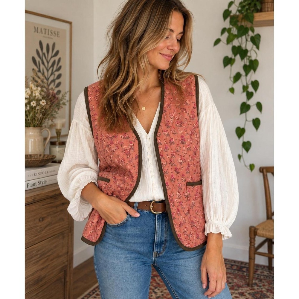 Quilted Floral Vest Cottagecore Prairie Folk Grandmacore Boho Sleeveless